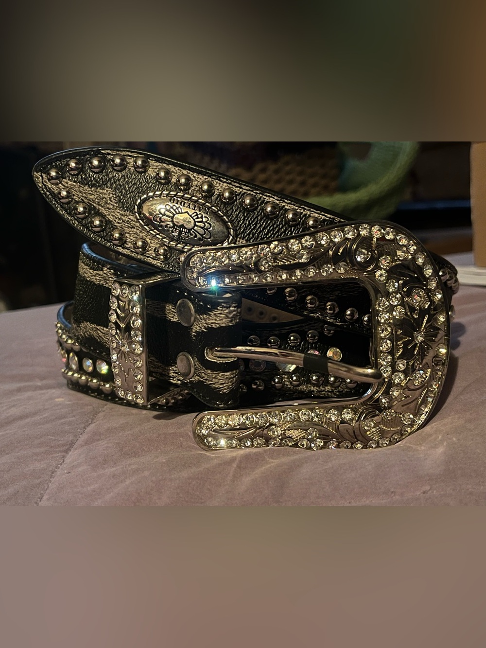 Katydid Rhinestone Studded Black Western Leather Belt with Decorative Buckle
